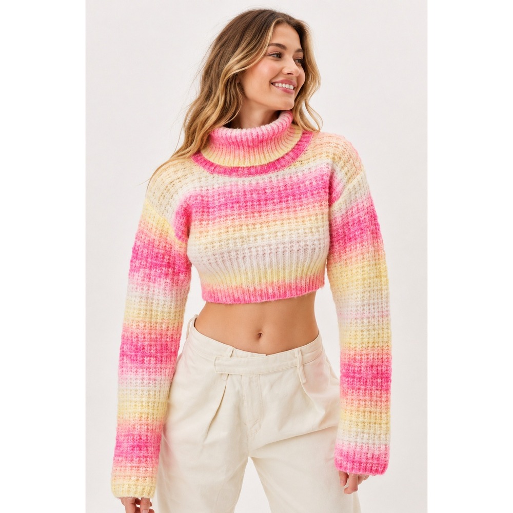 For Love and Lemons Rosa Turtleneck Crop Sweater Pink Yellow Ombre Small